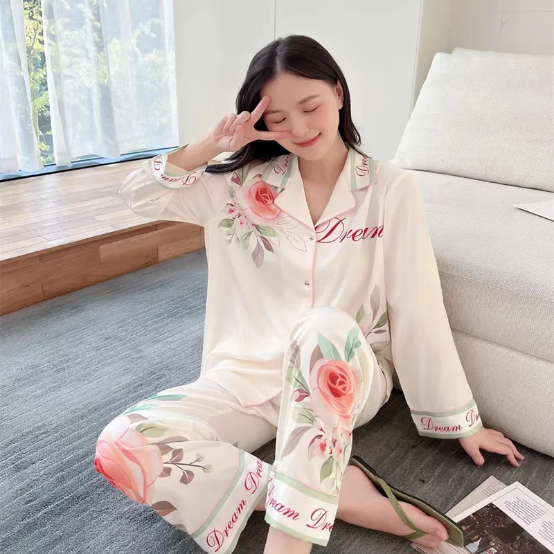 Autumn and Winter New Pink Roses Printed Homewear Suit High-Grade French Ice Silk Pajamas Long Sleeve