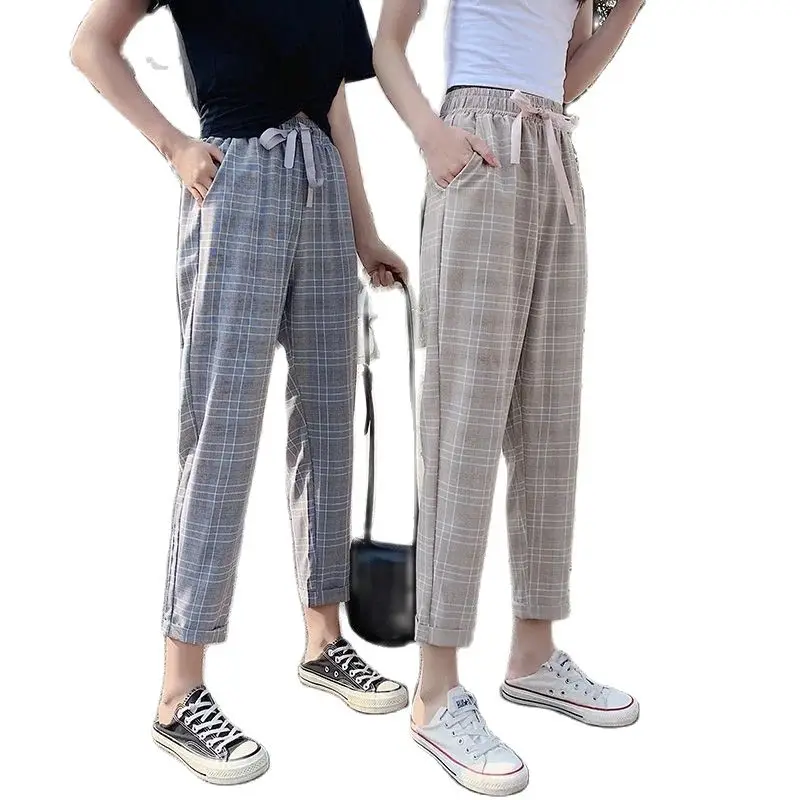 

Spring and summer casual pants women's loose nine point radish pants straight tube plaid pants P3 737