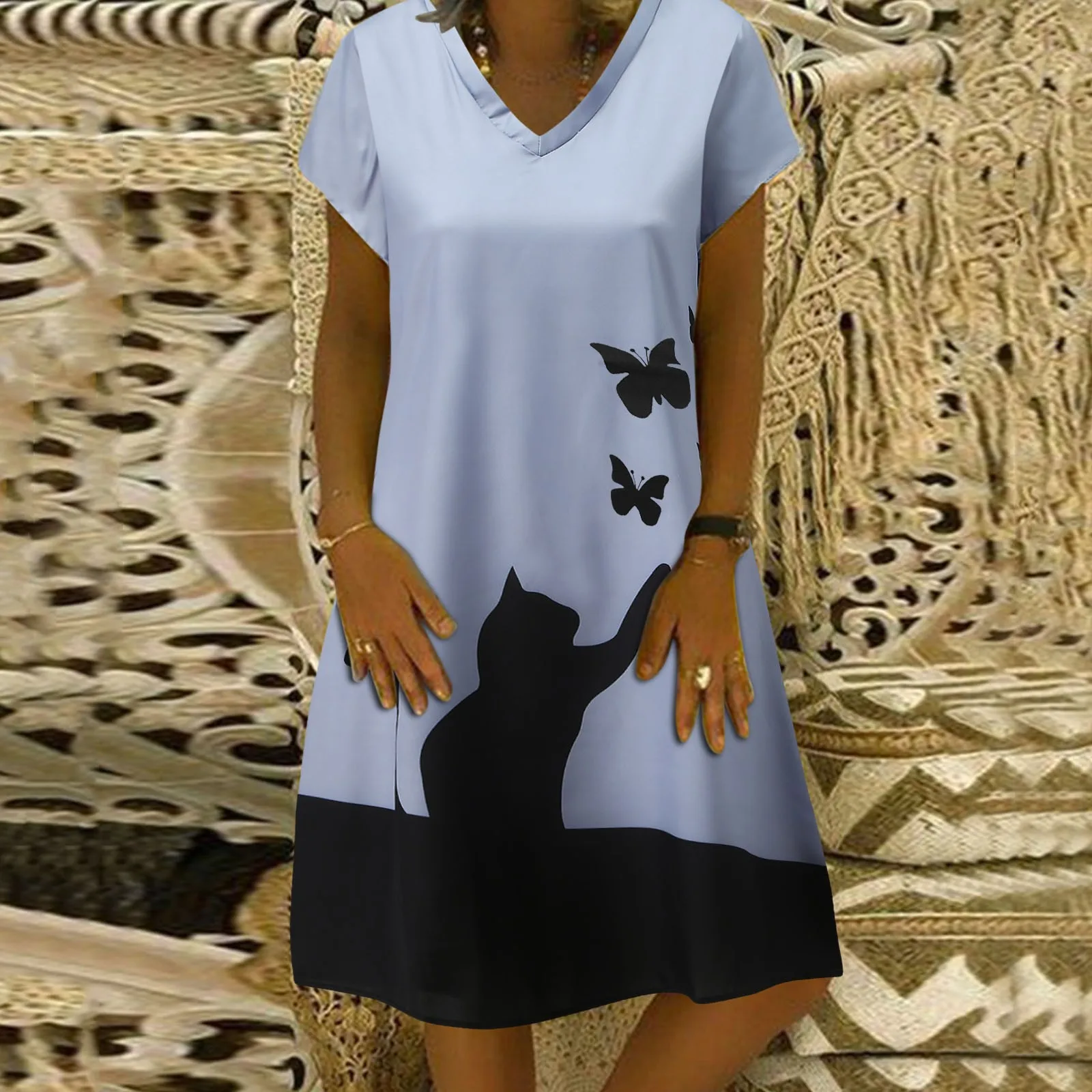 

Пляжное платье с принтом, Короткое женское Повседневное платье с V-образным вырезом, летнее женское платье с рукавом