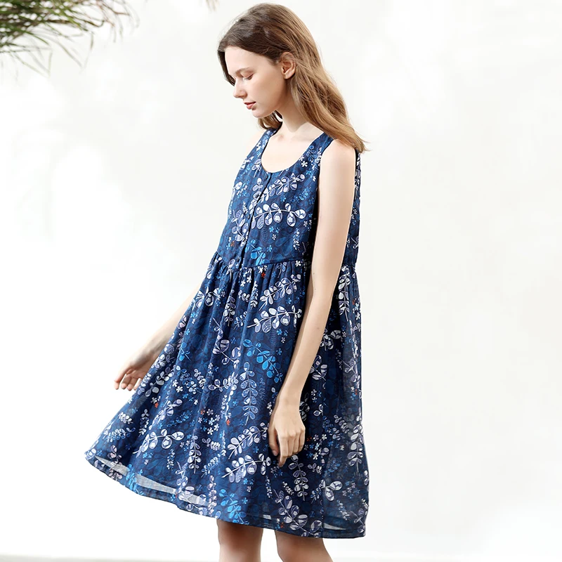 

Miccbeirn 2022 Summer 100 Ramie Spaghetti Strap Dress For Women Sleeveless A-LINE Printing Dresses ZHI81047