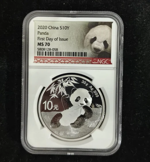 2020 Китай 30 г. 999 Серебряная панда ¥ 10 монета NGC 70