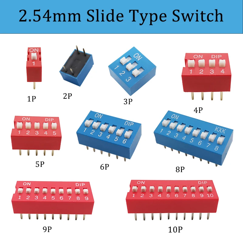

10Pcs Slide Type DIP Switch Module 1/2/3/4/5/6/8/10Pin Position Way 2.54mm Pitch Red Toggle Switch Blue Snap Switch Dial Switch
