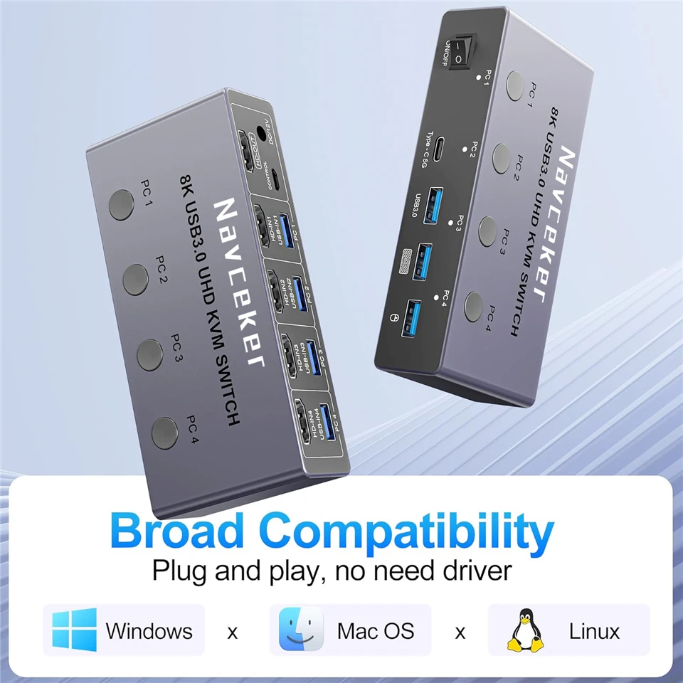 KVM-переключатель Navceker 4K 240 Гц HDMI 4x1 8K KVM 4-переключатель для ПК 4-портовый переключатель USB 3.0 4 в 1 выход для всего 1 монитора Мышь Клавиатура (art.: 3920d23bcb22f) - 3920d23bcb22f