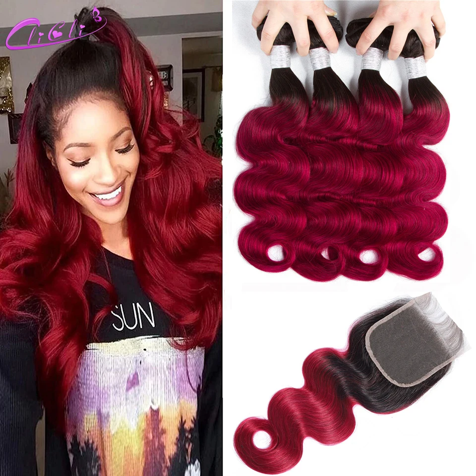 Ed Red 2/3/4 Bundles With Closure Raw Indian Body Wave Human Hair Extensions Bundles