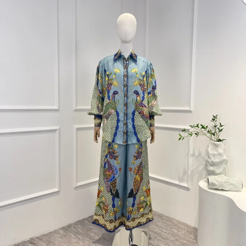 

Женский винтажный комплект из блузки с длинным рукавом-фонариком и широких брюк с цветочным принтом