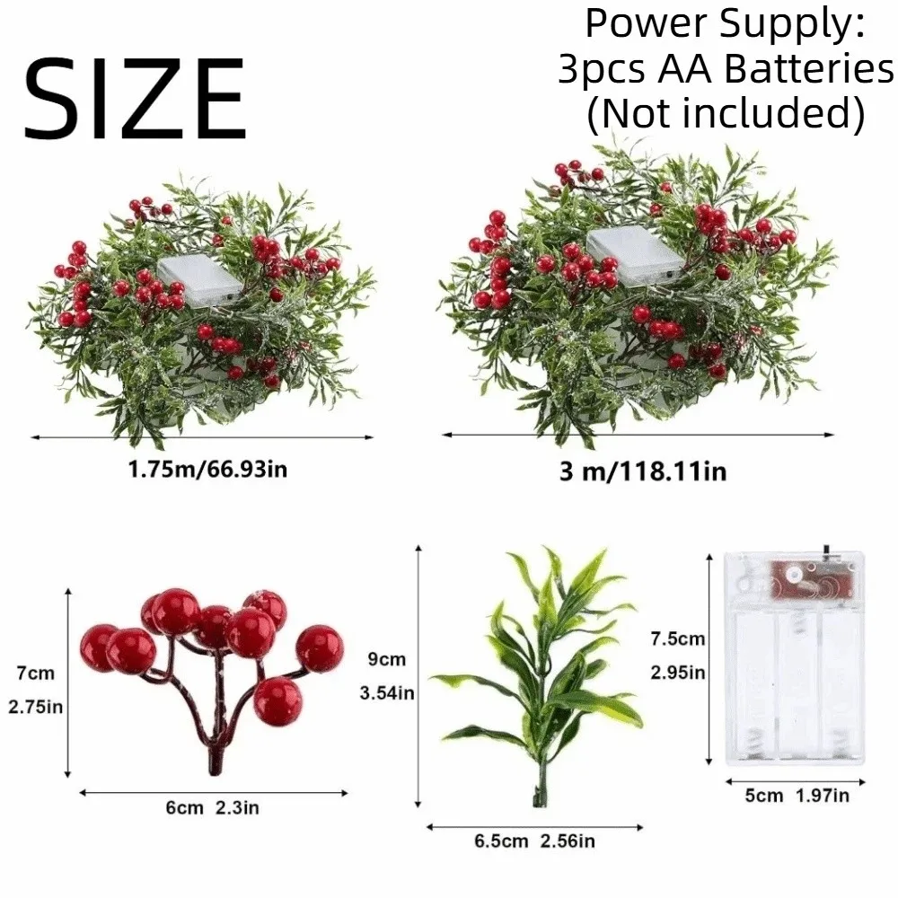 Новогодняя гирлянда Red Berry с красными ягодами, на батарейках, 2030 светодиодов, с зелеными листьями, имитацией снежинок и растений (art.: 3920dbc7d450d) - 3920dbc7d450d