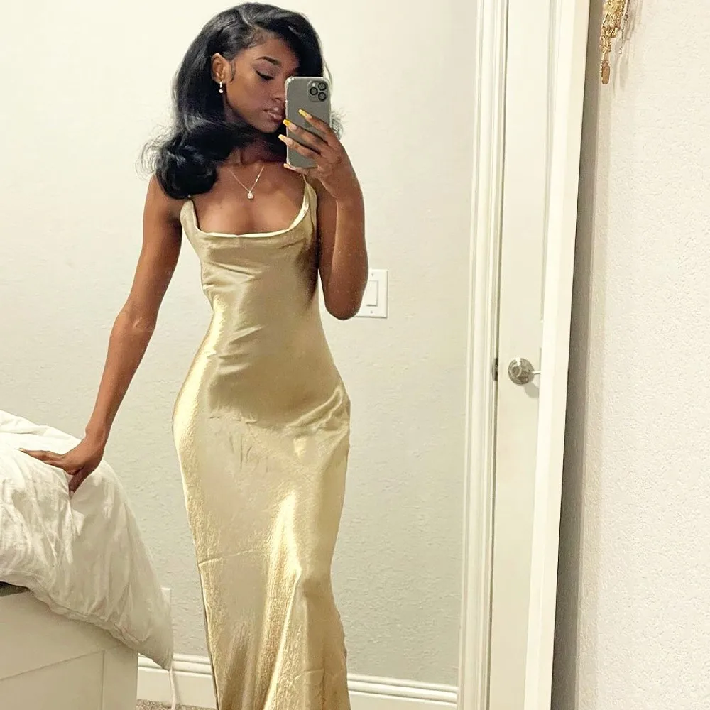 

YZZ Women's Sexy Satin Suspender Dress Solid Bandage Backless Maxi Dresses Summer 2022 SlimVestidos