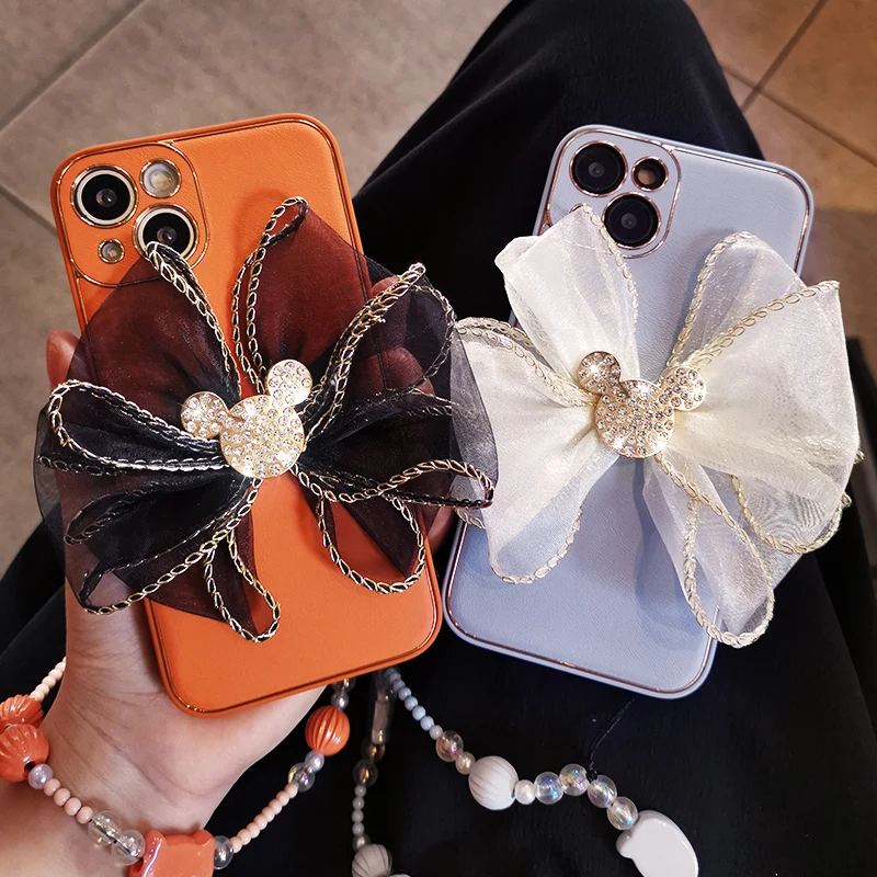 

For IPhone 12 13 Phone Case Women's Plain Leather All-inclusive Protective Cover for IPhone 12 13 Pro Max Bow Strap Wrist Chain