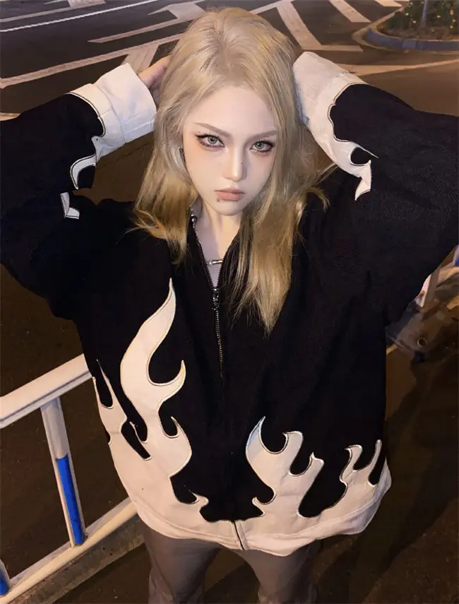 

Новинка 2022, осенне-зимняя куртка с рисунком пламени, американская модель, бархатный Повседневный Свободный Топ для мужчин и женщин Y2K