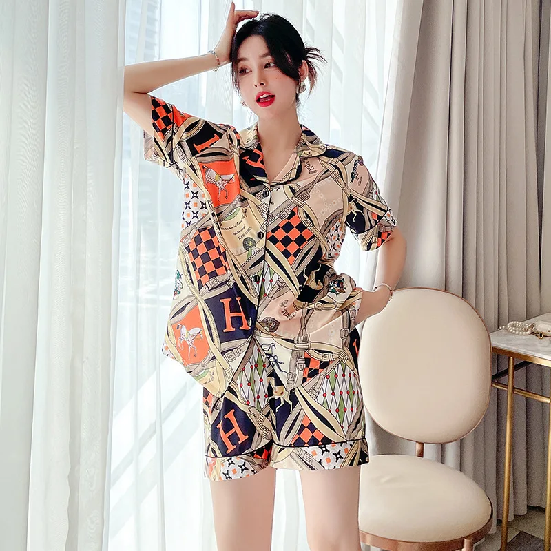 Summer New Thin Pajamas Women's Suit Korean Fashion Ice Silk Cardigan Home Wear Short Sleeve Shorts Suit