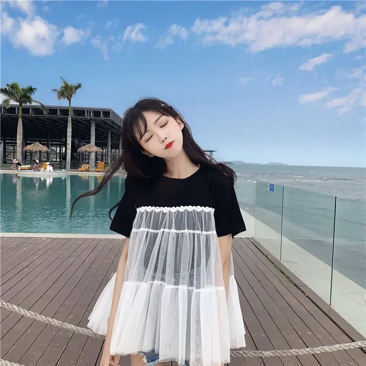 Женские футболки летняя сетчатая простроченная свободная футболка с коротким