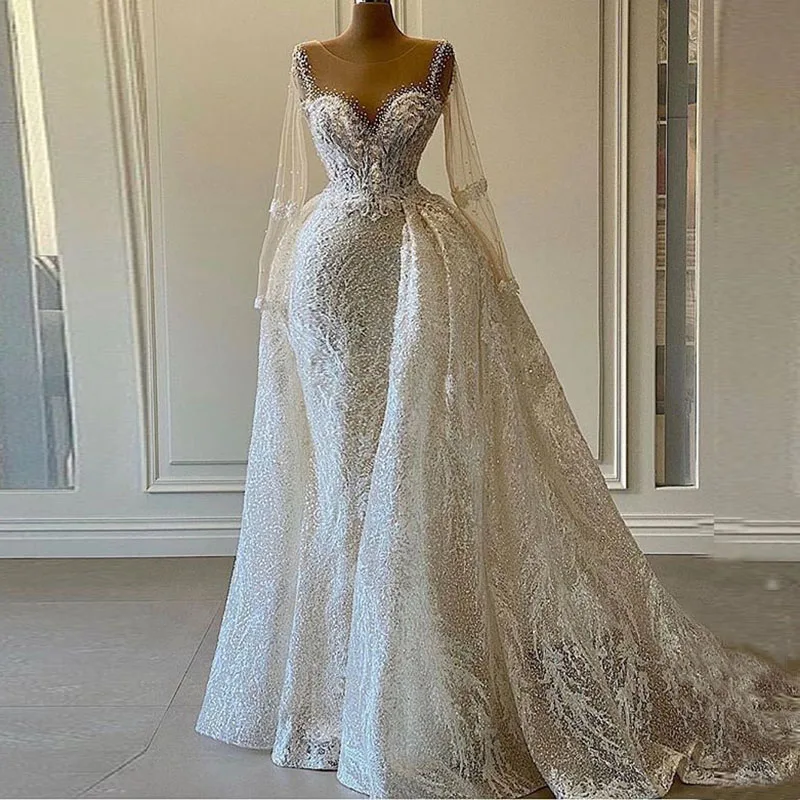 Sparkly Sequin Wedding Dresses African Women 2023 for Bride Luxury Mermaid Beads Long Sleeves Detachable Train Bridal Gowns