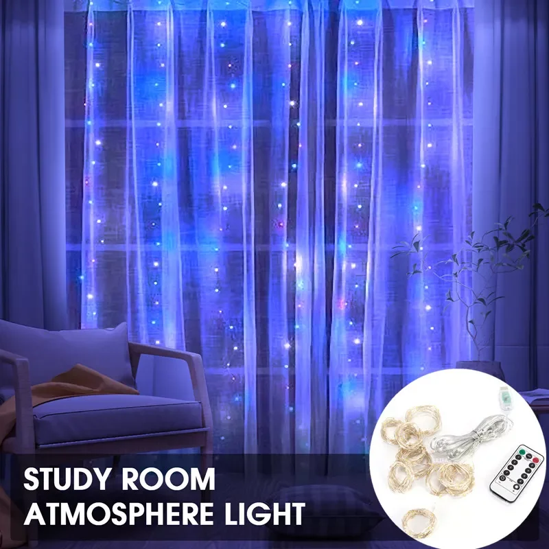 

Радужная светодиодная гирлянда-занавеска с дистанционным управлением, USB, рождественское освещение, праздничное украшение, гирлянда-занав...