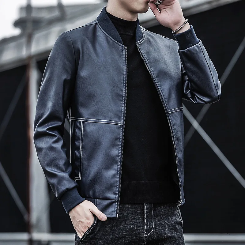 

LUCLESAM Men's Stand Collar Leather Jacket New Youth PU leather jackets for men 2022 Autumn Korean version Motorcycle Coats