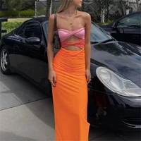 patchwork y2k strapless bodycon dress sexy women hollow out sleeveless backless summer beach dresses party club midi 2022 long