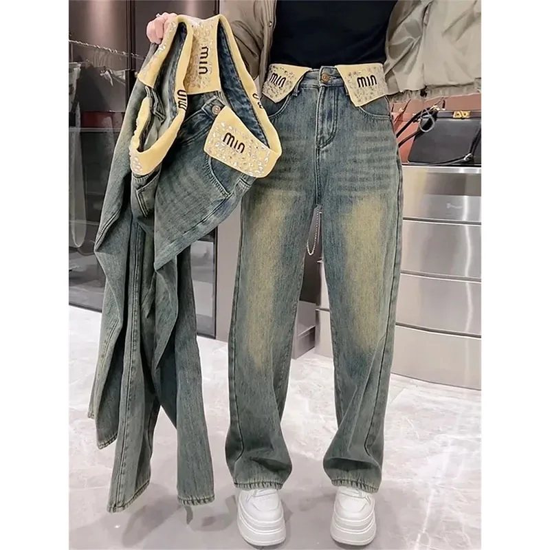 Джинсы женские с завышенной талией винтажные брюки из денима широкими штанинами