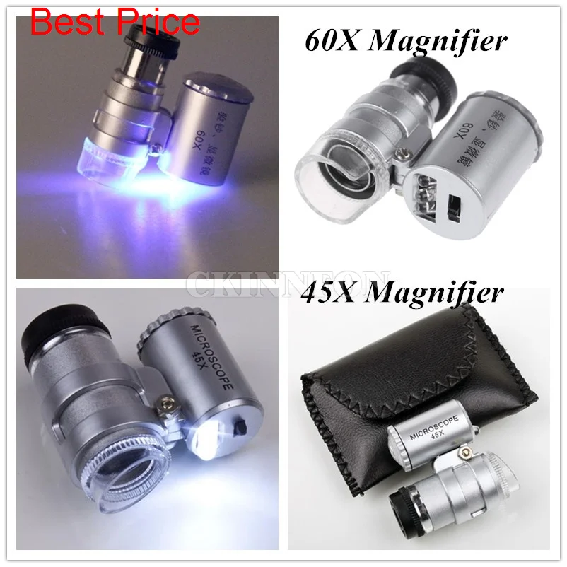 

50Pcs/Lot 45X 60X Mini Microscope Magnifier Magnifying Glass Jeweler Loup 2LED Light