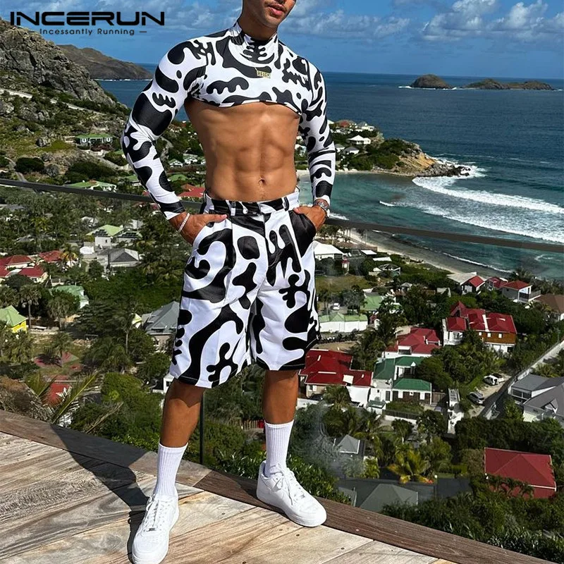 

INCERUN 2023 Sexy Fashion Men's Sets 2Color Printed Short Stretch Half High Collar Long Sleeve Tops Capris Casual Suit 2 Pieces