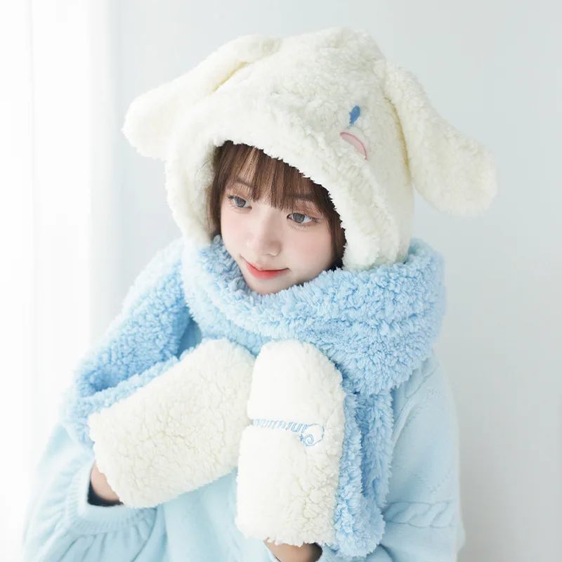 

Sanrio Cinnamoroll Kawaii Ears Plush Hat Scarf Gloves Anime Kuromi My Melody Winter Cute Warm Girl Girlfriend Christmas Gift