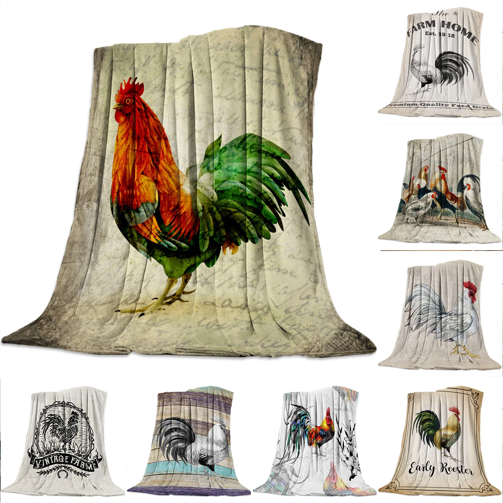 

Retro Rooster Nap Blanket Super Soft Cozy Coral Fleece Throw Blanket Bedspread for Couch Throw Travel Home Textile Queen Size