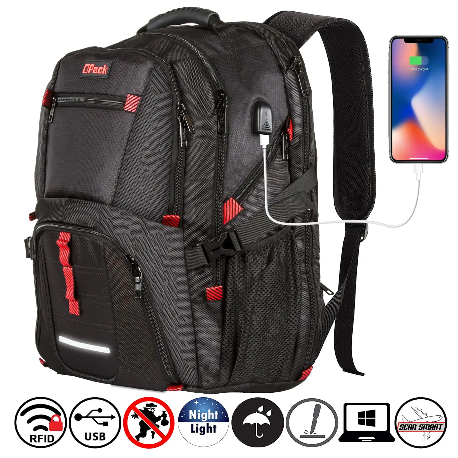 

Extra Large RFID-Safe Travel Backpack with USB Charging Port