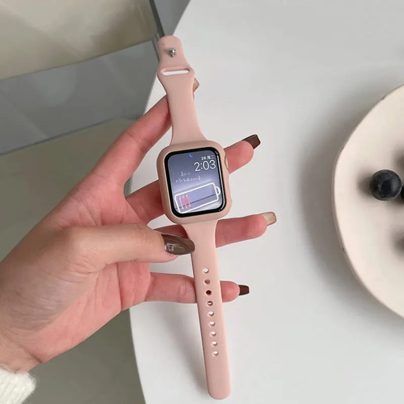 Glass+Case+Slim Strap For Apple Watch band 44mm 40mm 45mm 41mm 38mm 42mm Silicone watchband bracelet iWatch series 7 8 4 5 6 se