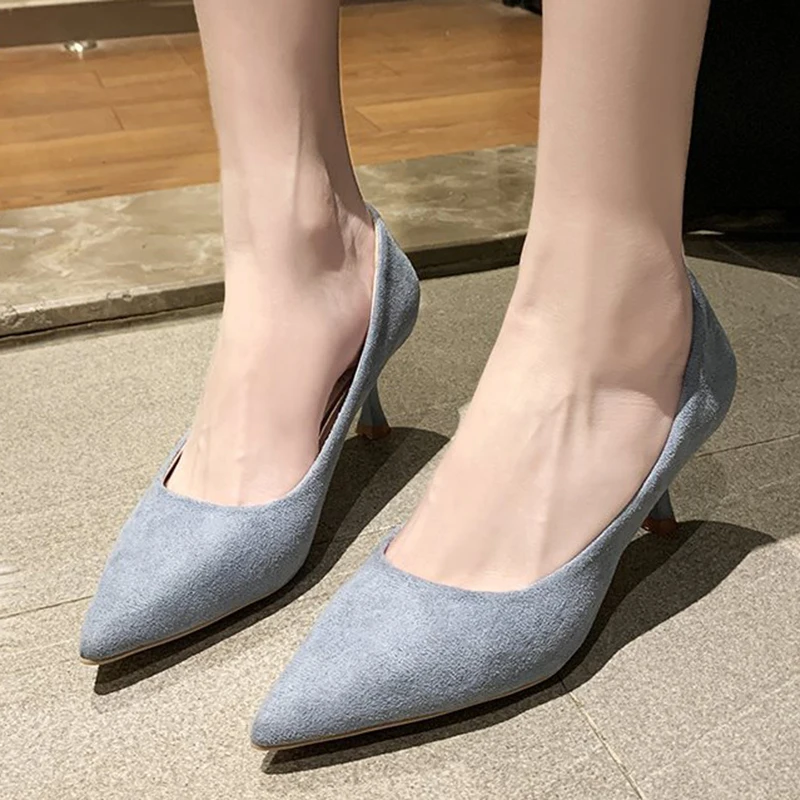 

New Solid Color Flock Pumps Women Fashion Slip-on Thin Heels Office Shoes Woman Sexy Pointed Toe High Heels Shoes Female