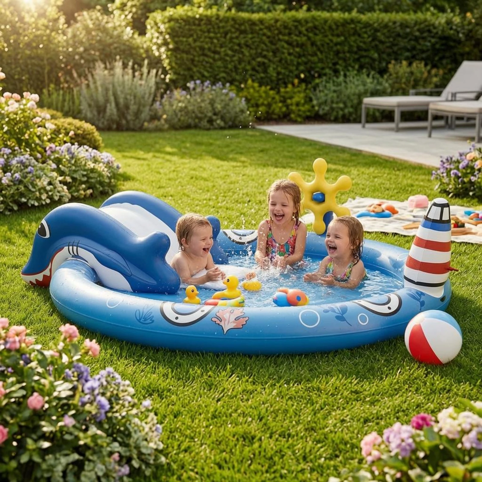 Фото Надувной бассейн Ocean Play Pool с горкой-дельфином из утолщенного ПВХ, легко устанавливаемый, для детских водных игр на открытом воздухе №3