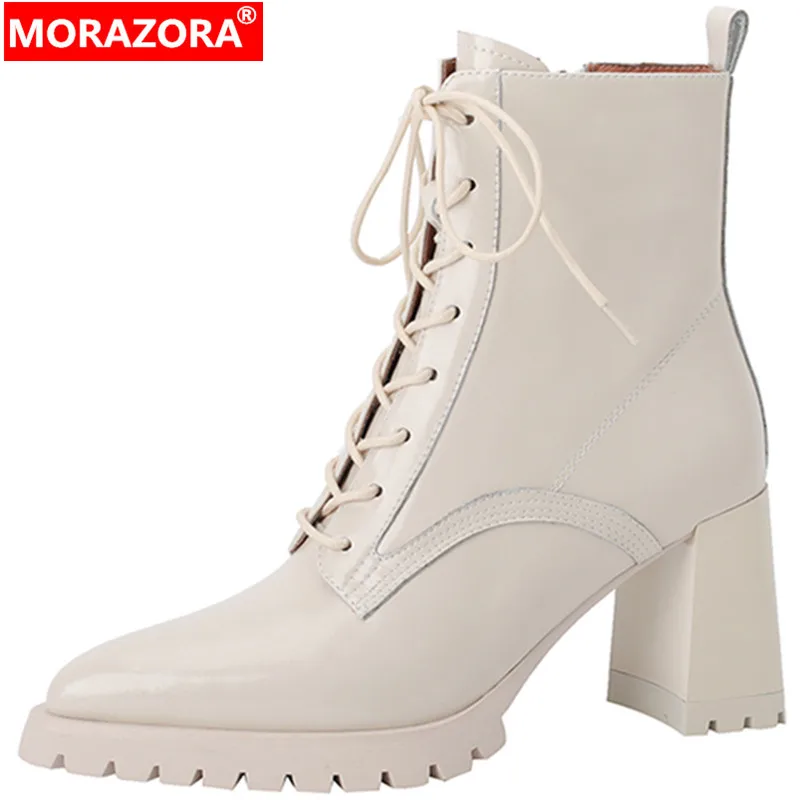 

MORAZORA 2022 New Zipper Ankle Boots Winter Thick High Heels Shoes Solid Platform Genuine Leather Women Boots