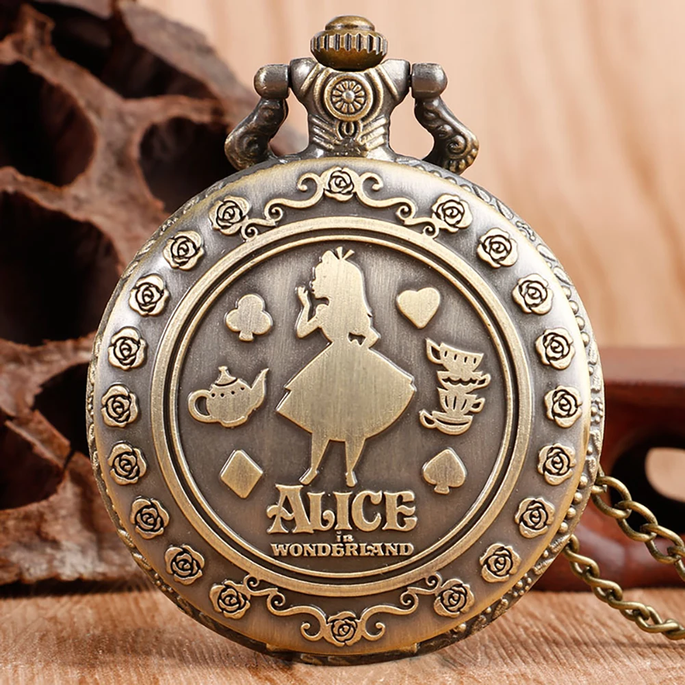 

Bronze Retro Alice Girls Necklace Quartz Pocket Watch Fairy Fashionable Wonderland Kingdom Wonderful Journey Pendant Chain Watch