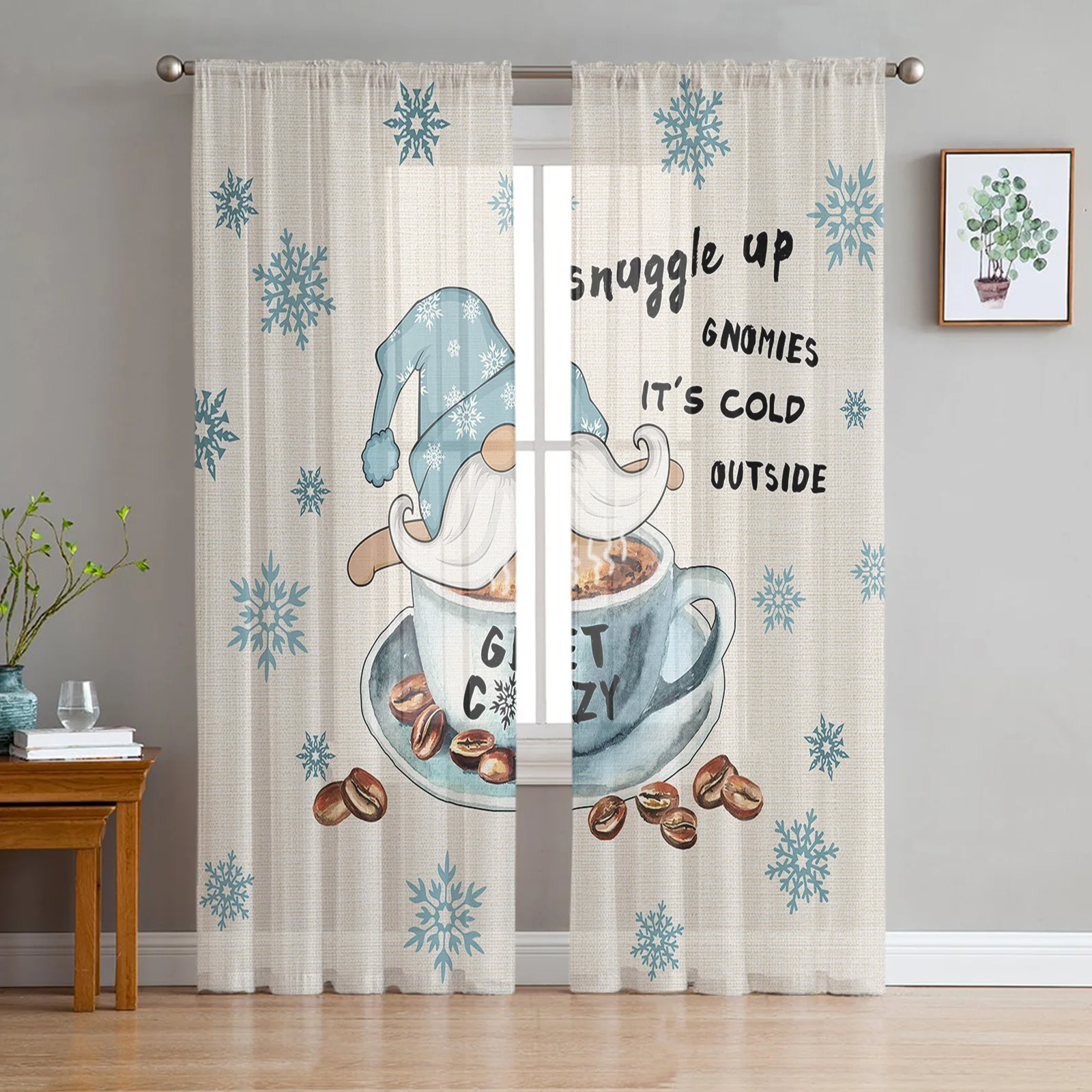 

Coffee Gnome Snowflake Winter Chiffon Sheer Voile Curtains for Living Room Bedroom Decoration Window Tulle Curtains Drapes