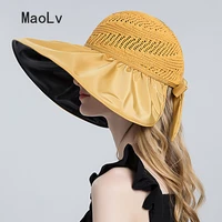 summer ponytail bucket hat women black glue sun proof straw hat chapeau bow beach hats women large wide brim uv protection cap