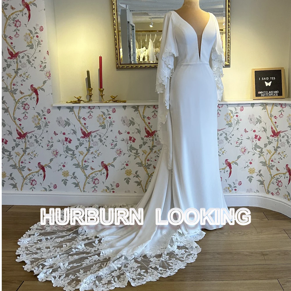 

HERBURN Elegant Satin Wedding Dress Bridal Court Train Deep V-Neck Batwing Sleeves Geogeous 2024 Customize New Arrival Occasion