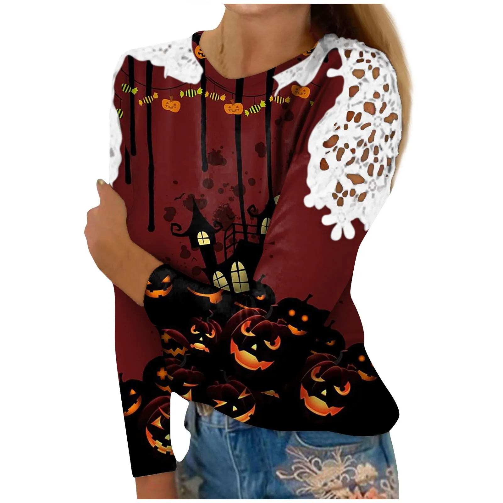 

Топы для женщин для отпуска Хэллоуин искусственная кожа кружевное плечо модный фестивальный костюм Женская блузка женские рубашки