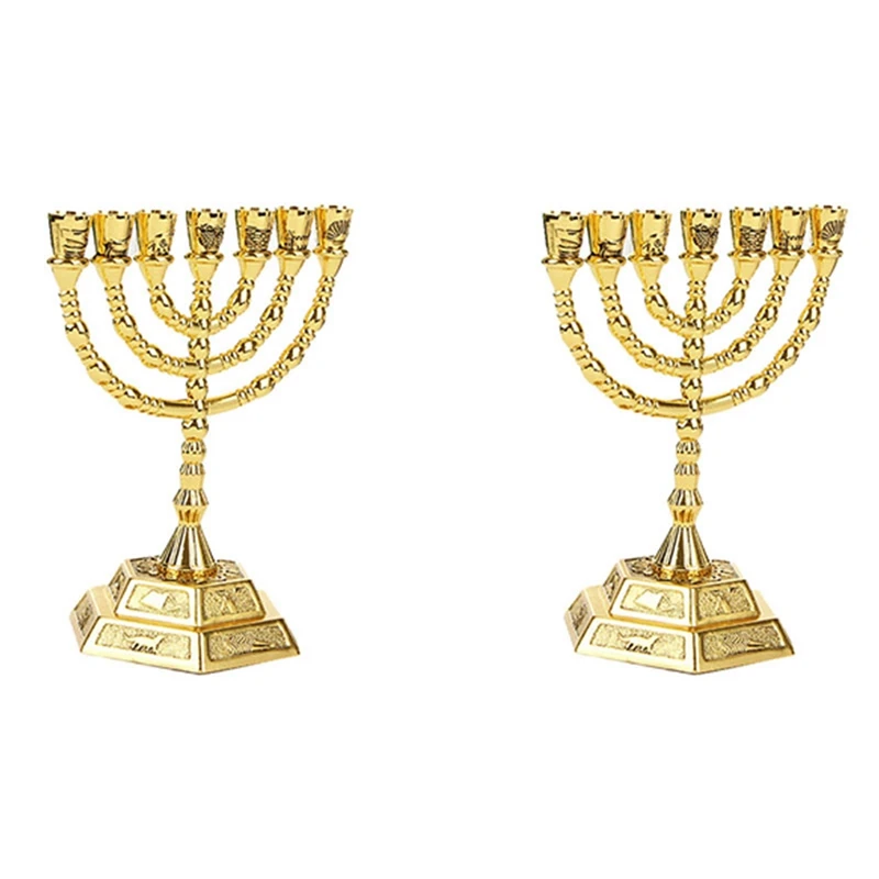 

2X золотые еврейские подсвечники Menorah, подсвечники для религиозных святых, подсвечники hanukka, 7 веток Menorah -L