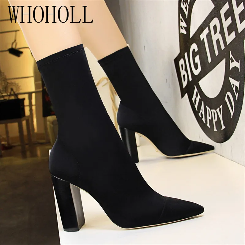 

WHOHOLL Women Ankle Boots Wood Grain Square High Heel Thick Heel Pumps Pointed Toe Elastic Lycra Sexy Nightclub Boots