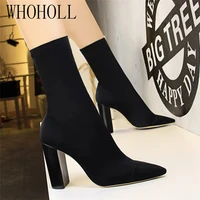whoholl women ankle boots wood grain square high heel thick heel pumps pointed toe elastic lycra sexy nightclub boots