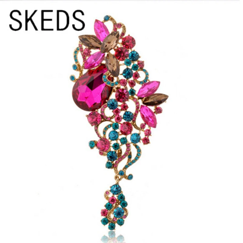 

SKEDS Exquisite Women Creative Pendant Rhinestone Exaggerated Pins Brooches Flower Crystal Luxury Design Party Corsage Badges