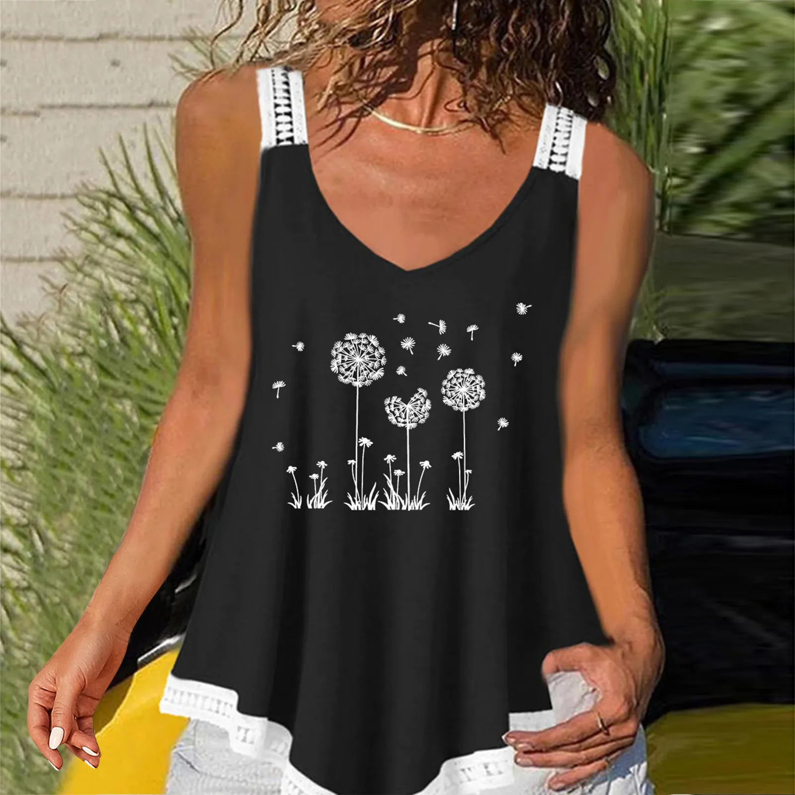 

Ladies Lace Lace Sling Dandelion Hot Print Irregular Sling Sleeveless Tank Top Shirt