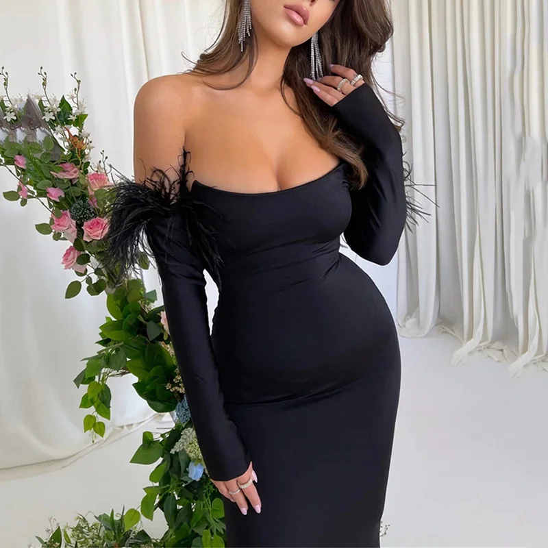 

2023elegant casual dress,Sexy Women's One Line Neck Tight Long Dress summer New Fashion Open Back Long Sleeve Dress