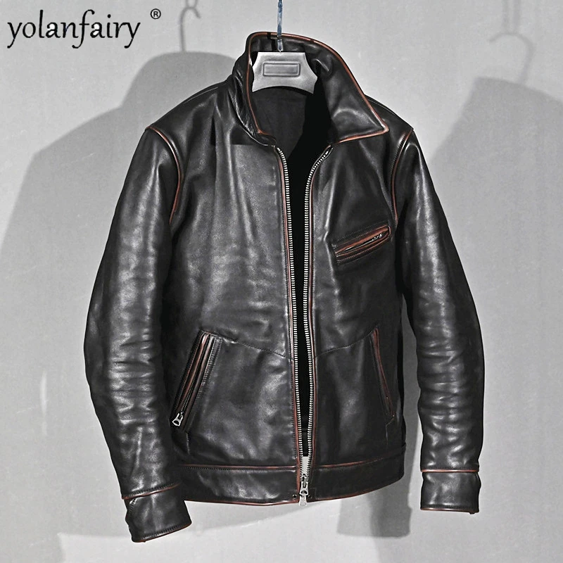 

100% Genuine Leather Jacket Mens New Vintage Cowhide Coat Japanese Version Men's Lapel Slim Short Black Leather Jacket Trend