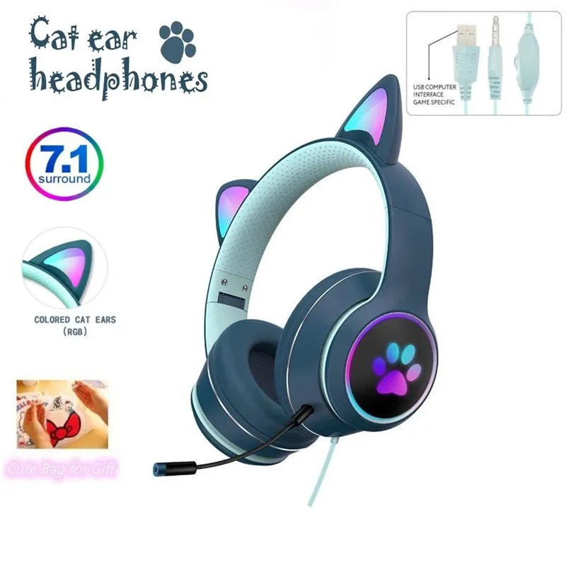 

Cute Cat Ear Headset Plug In Dual Microphone Wired Gaming Headphone LED Kid Girl Stereo Music Helmet Phone Earphone For Gift