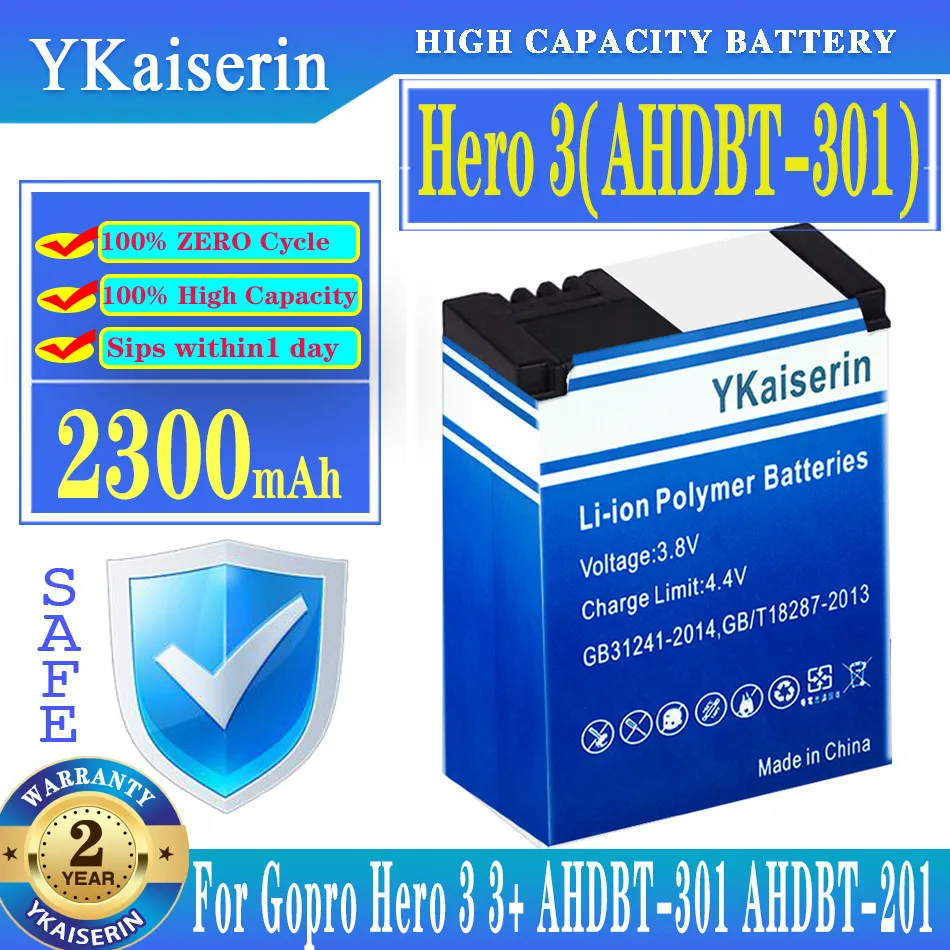 

Аккумулятор ykaisсеребрин на 2300 мА · ч для Gopro Hero 3 (AHDBT-301) для GoPro Hero 3 3 + Hero3 для Gopro AHDBT-201/301 AHDBT-301 AHDBT201