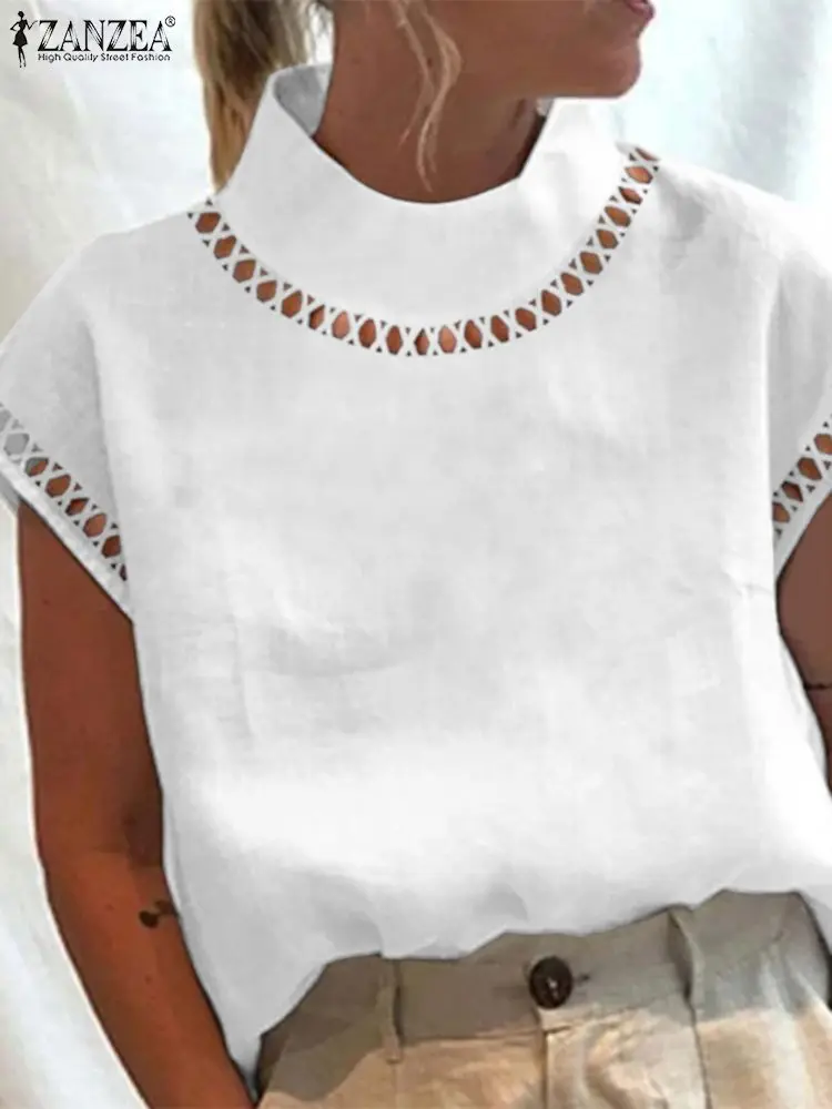 

ZANZEA Summer 2023 Fashion White Tops Lace Insert Turtleneck Blouse Short Sleeve Women Blusas Chic Hollow Out Casual Loose Shirt