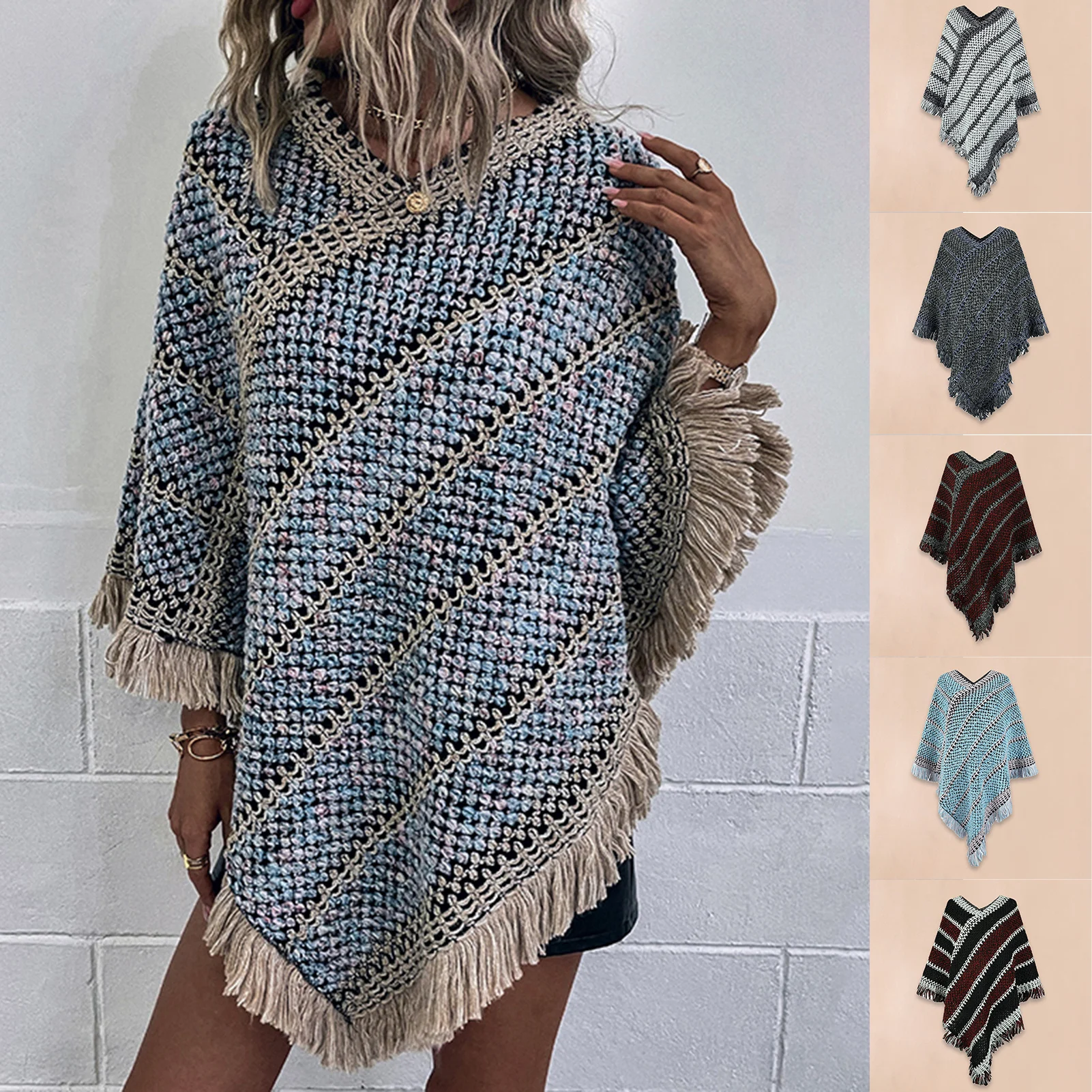 

Women Knit Cape Shawl Slim Fit Horizontal Stripe Basic Elegant Shawl Solid Color Crochet V Neck Long Sleeve Coat Daily Outfit