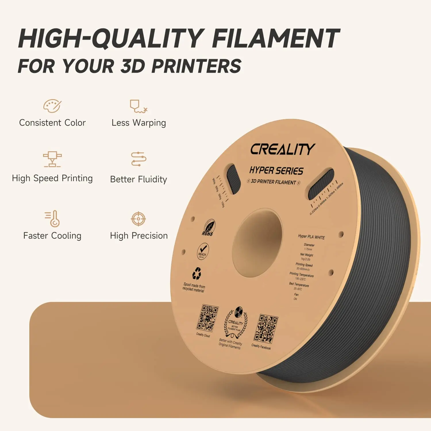 Фото Филамент CREALITY Hyper PLA 1,75 мм, 1 кг, для 3D-принтеров, высокоскоростная и точная печать 30-600 мм/с, подходит для большинства FDM 3D-принтеров №3