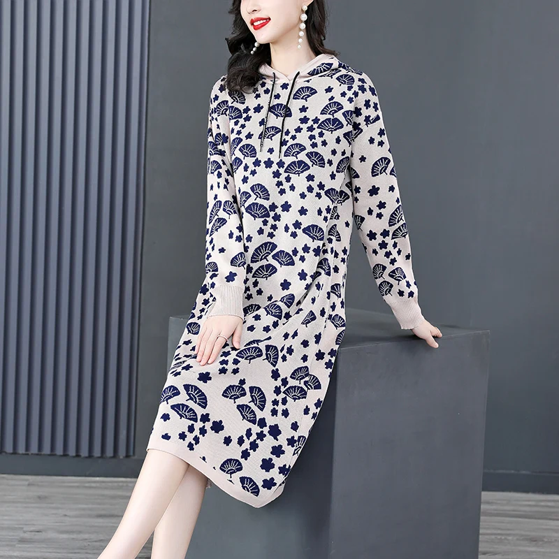 

Женское трикотажное платье-свитер, свободное трикотажное платье с принтом, Осень-зима