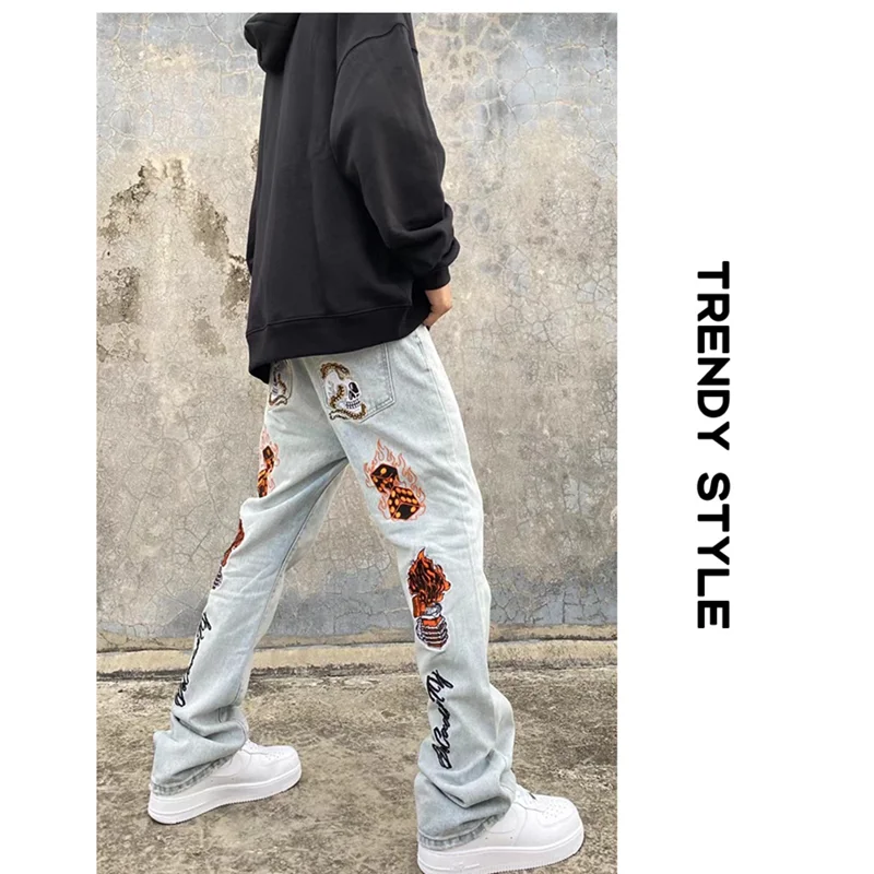 Streetwear Men High Street Hip-hop Back Embroidered Jeans 2022 New Style Versatile Elastic Pencil Pants Autumn and Winter Women