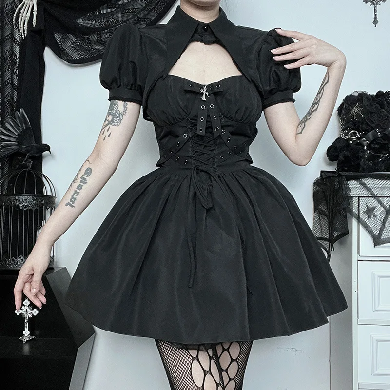 

Goth Dark Lolita Gothic Cosplay Bandage Mini Dresses Elegant Puff Sleeve Crop Blouses 2 Piece Sets Grunge A-line Women Partywear