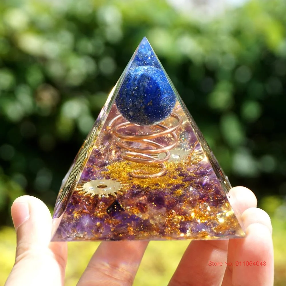 

Orgone Pyramid Lapis Lazuli Sphere With Amethyst Quartz Overlapping Circles Grid Flower of Life Healing Orgonite Energy Chakra